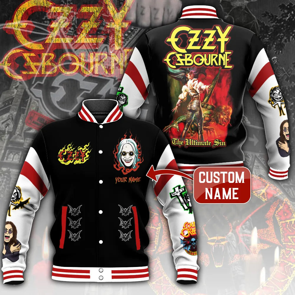 LIMITED EDITION - NEW CUSTOMIZED BLACK SABBATH x OZZY OSBOURNE SATIN VARSITY & BASEBALL JACKET