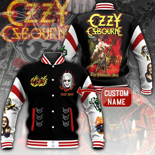 LIMITED EDITION - NEW CUSTOMIZED BLACK SABBATH x OZZY OSBOURNE SATIN VARSITY & BASEBALL JACKET
